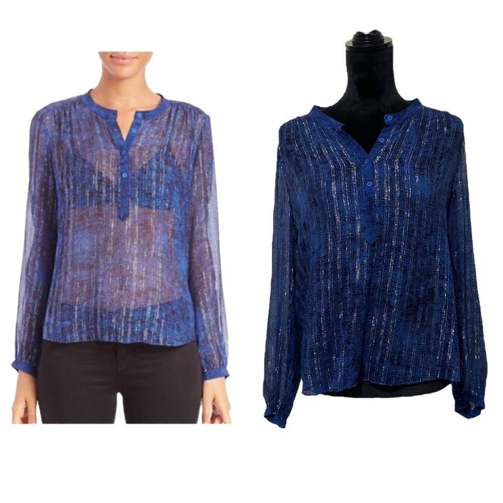 Rebecca Taylor Sheer Navy Blue & Silver Metallic Long Sleeve Top Size 6